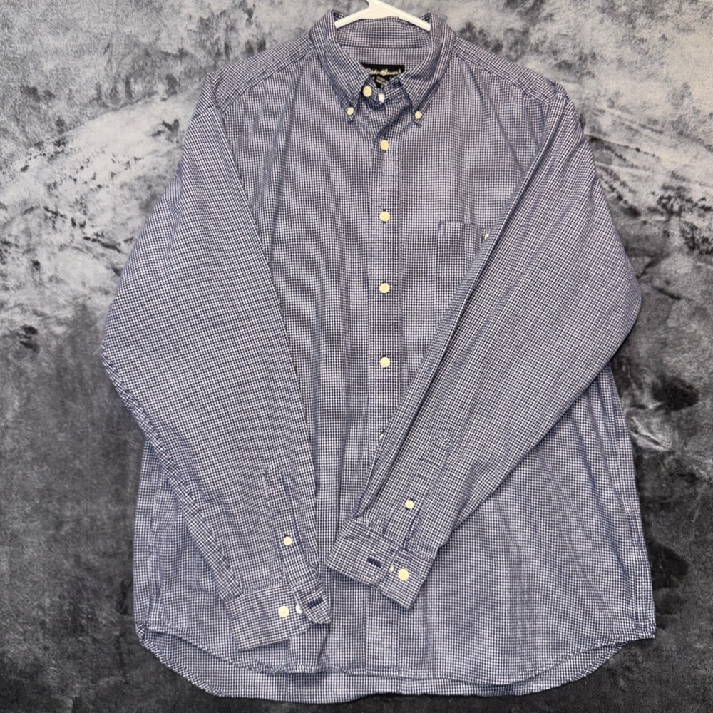 Eddie Bauer Mens Large Blue White Check‎ Long Sleeve Button Down Shirt Pocket